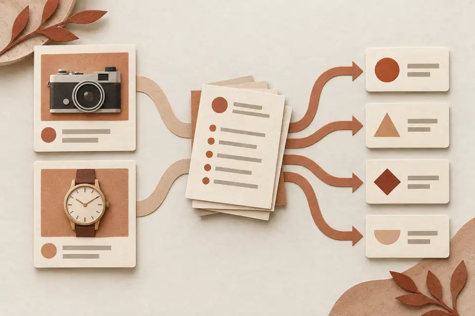 Illustration of camera and watch marketplace listings flowing through authored policy sheets toward four possible result cards.