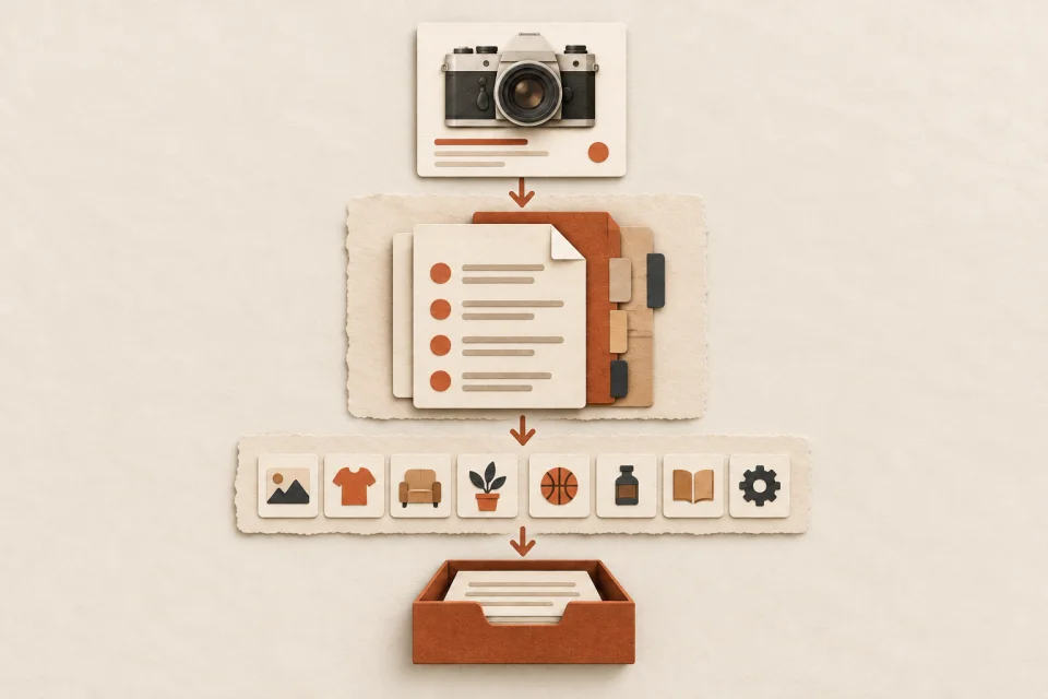 Editorial illustration of a marketplace listing entering an authored policy stack and producing a decision record.