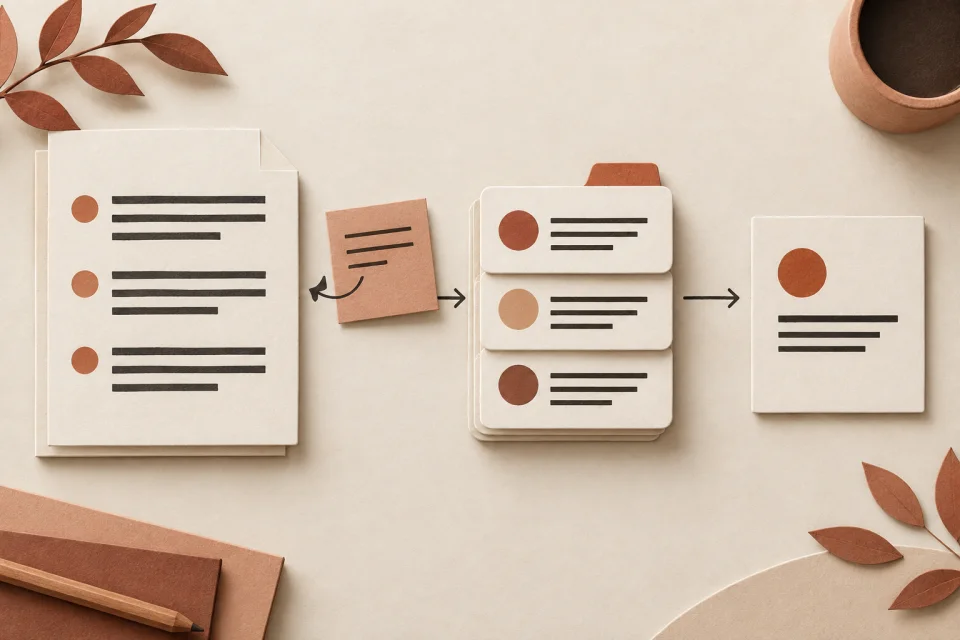 Editorial illustration of source clauses, a review annotation, authored rule cards and a decision record.